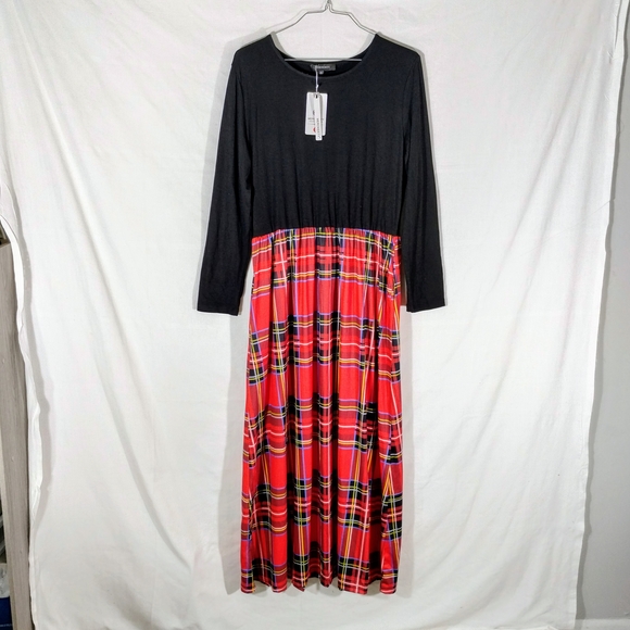 Merokeety Black Red Plaid Long Sleeve Dress XL Empire Waist Whimsigoth Festive - Picture 1 of 9
